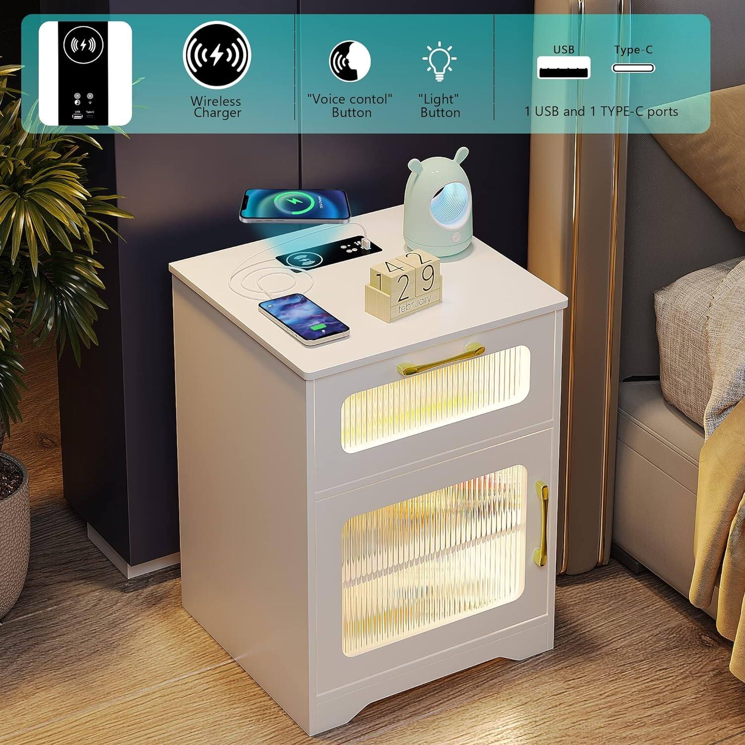 LED Nightstand with Wireless Charging Station,3 Color Dimmable 15.6"D x